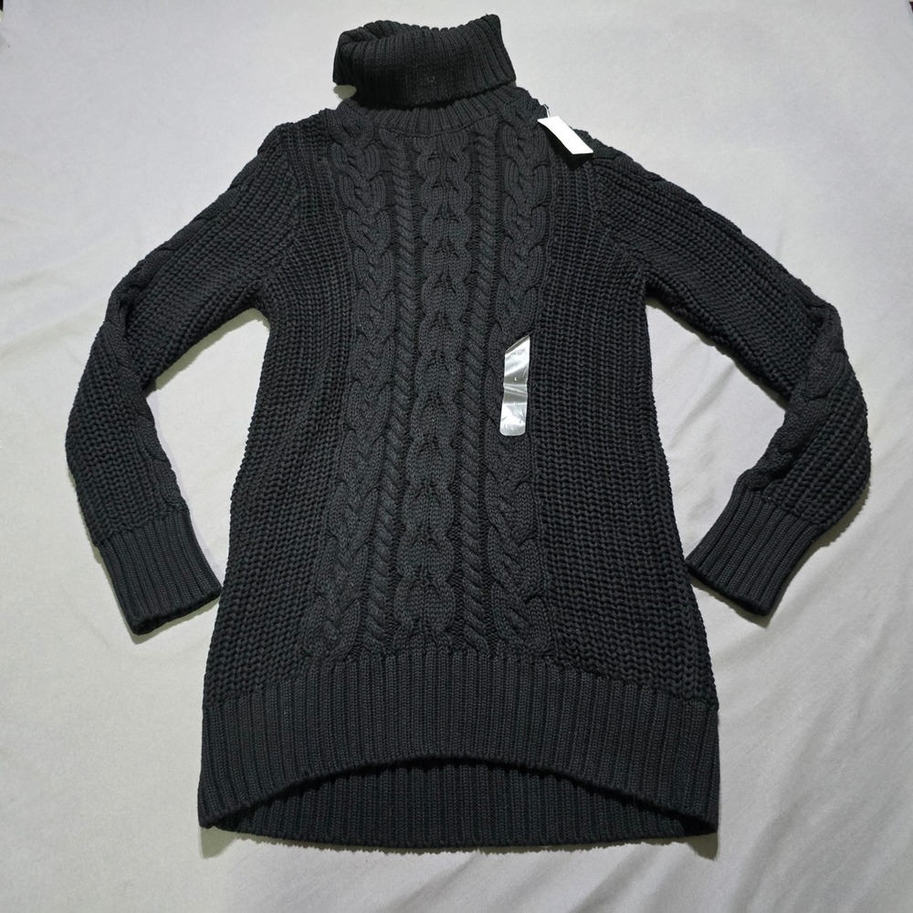 GAP Turtleneck Sweater tunic Women Large Black Cable Knit High-Low Cotton NEW